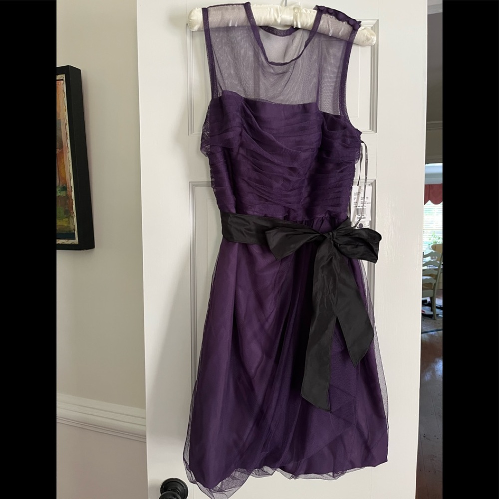 Vera Wang -White collection purple mesh dress with a black raffia belt.  NWT